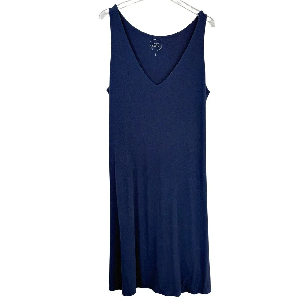 Cozy Earth BAMBOO RIB KNIT Women‎ L V-NECK TANK LOUNGE DRESS NAVY COMFORT
